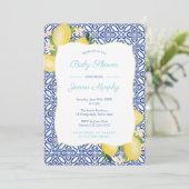 Turquoise Classic Blue Tegels Lemons Baby shower Kaart (Staand voorkant)