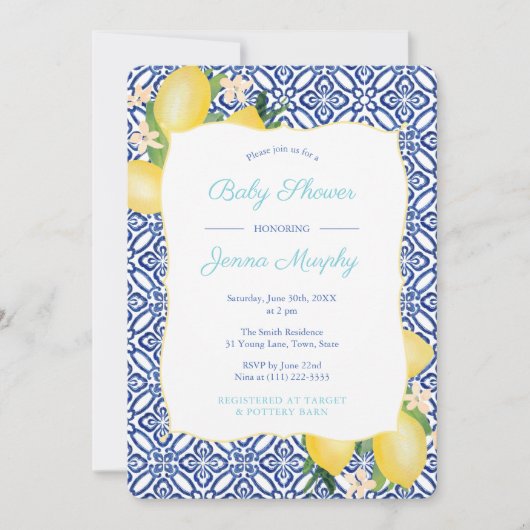 Turquoise Classic Blue Tegels Lemons Baby shower Kaart (Voorkant)