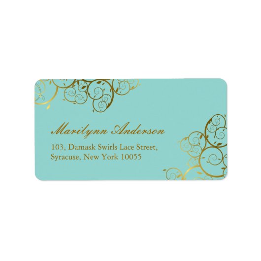 Turquoise & Classy Gouden Spiralen Elegante bruilo Etiket (Voorkant)
