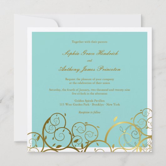 Turquoise & Classy Gouden Spiralen Elegante bruilo Kaart (Voorkant)