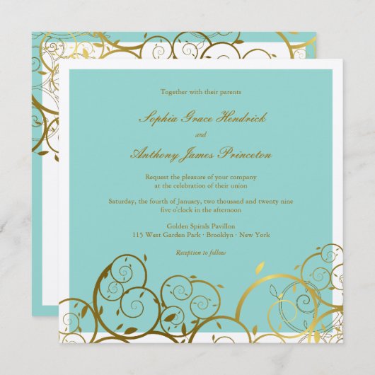 Turquoise & Classy Gouden Spiralen Elegante bruilo Kaart (Voorkant / Achterkant)