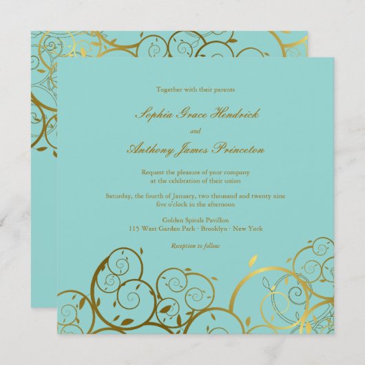 Turquoise & Classy Gouden Spiralen Elegante bruilo Kaart (Voorkant / Achterkant)