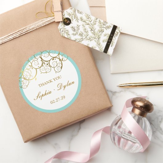 Turquoise & Classy Gouden Spiralen Elegante bruilo Ronde Sticker (Geschenken)