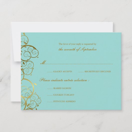 Turquoise & Classy Gouden Spiralen Elegante bruilo RSVP Kaartje (Voorkant)