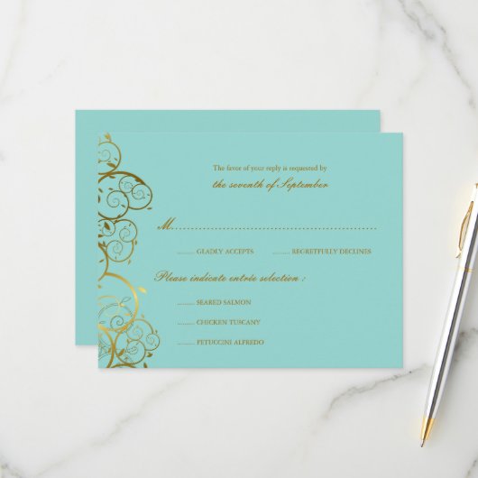 Turquoise & Classy Gouden Spiralen Elegante bruilo RSVP Kaartje (Voorkant / Achterkant in situ)
