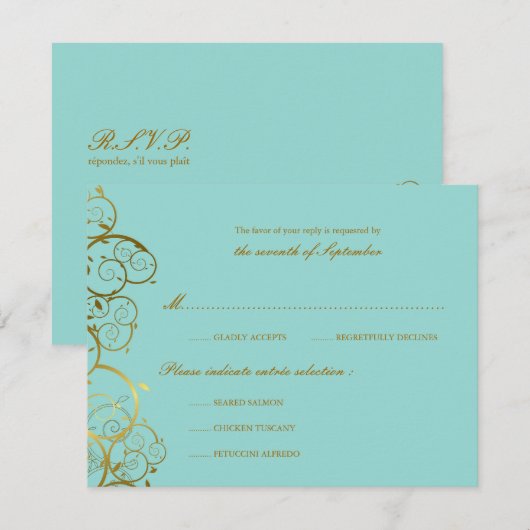 Turquoise & Classy Gouden Spiralen Elegante bruilo RSVP Kaartje (Voorkant / Achterkant)