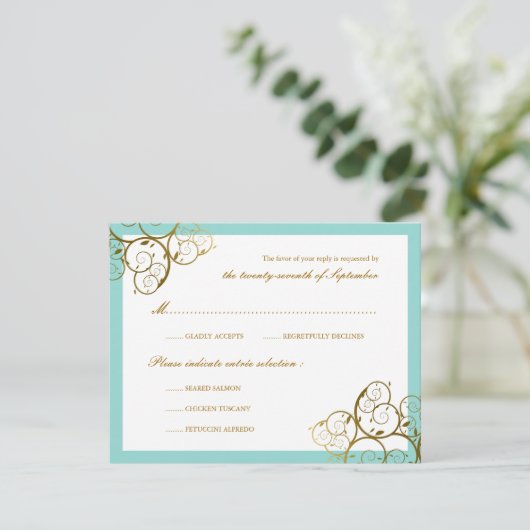 Turquoise & Classy Gouden Spiralen Elegante bruilo RSVP Kaartje (Staand voorkant)