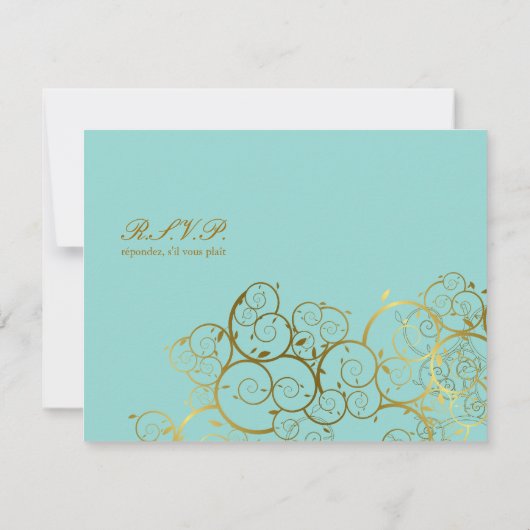Turquoise & Classy Gouden Spiralen Elegante bruilo RSVP Kaartje (Achterkant)