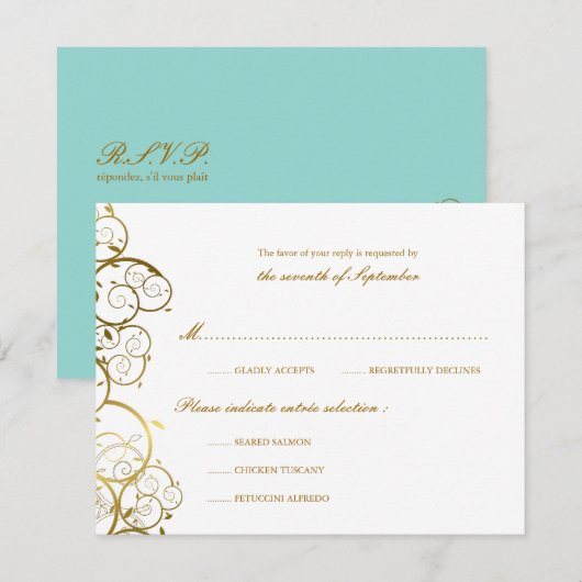 Turquoise & Classy Gouden Spiralen Elegante bruilo RSVP Kaartje (Voorkant / Achterkant)