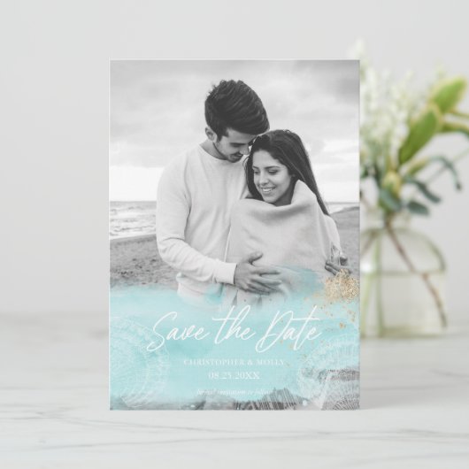 Turquoise Coasal Waterverf Save the Date (Staand voorkant)