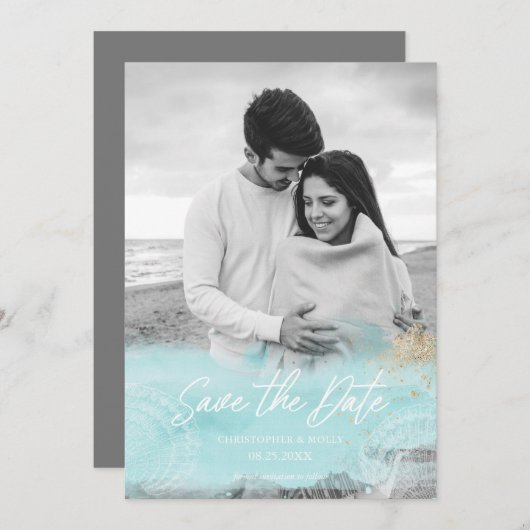 Turquoise Coasal Waterverf Save the Date (Voorkant / Achterkant)