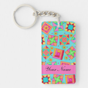 Turquoise & Colorful Quilt Blocks & Personalized Sleutelhanger