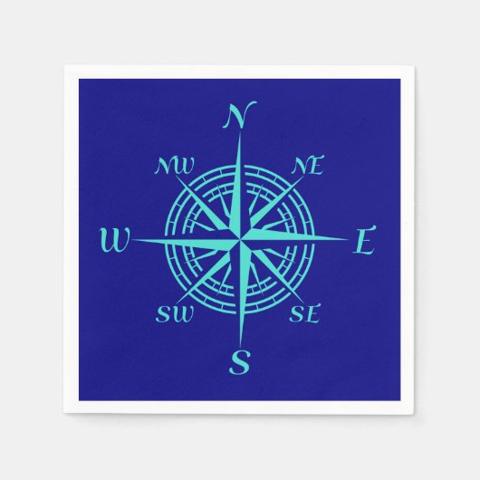 Turquoise Compass Roos op Navy Blue Servetten (Voorkant)