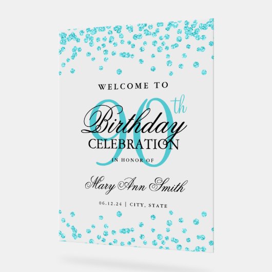 Turquoise Confetti Glitter 90ste verjaardag Welkom Acryl Bord (Hoek)