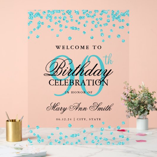 Turquoise Confetti Glitter 90ste verjaardag Welkom Acryl Bord (Huwelijk)