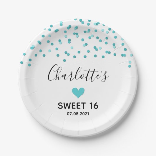 Turquoise Confetti Sweet 16 Birthday Party Papieren Bordje (Voorkant)