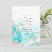 Turquoise, Coral and Gold Alcohol Ink Wedding Kaart (Staand voorkant)