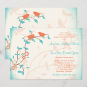 Turquoise Coral Birds Leaves Wedding Invitation Kaart (Voorkant / Achterkant)