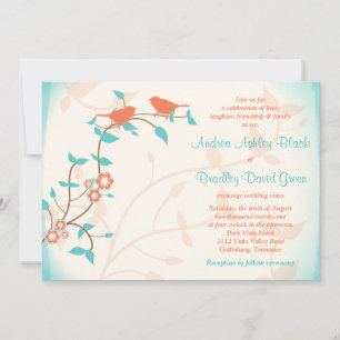 Turquoise Coral Birds Leaves Wedding Invitation Kaart