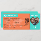 Turquoise & Coral Boarding Pass Wedding Kaart (Voorkant / Achterkant)