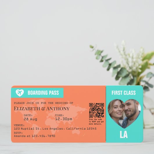 Turquoise & Coral Boarding Pass Wedding Kaart (Staand voorkant)