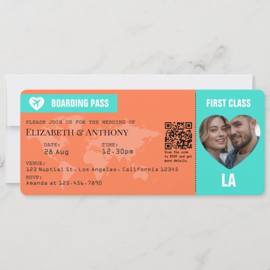 Turquoise & Coral Boarding Pass Wedding Kaart (Voorkant)