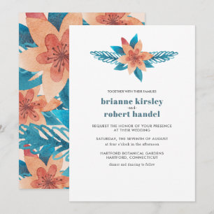 Turquoise Coral Floral Waterverf bruiloft Uitnodig Kaart