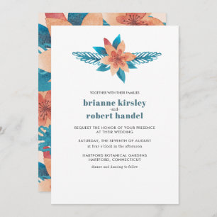 Turquoise Coral Floral Waterverf Wedding Invite Kaart