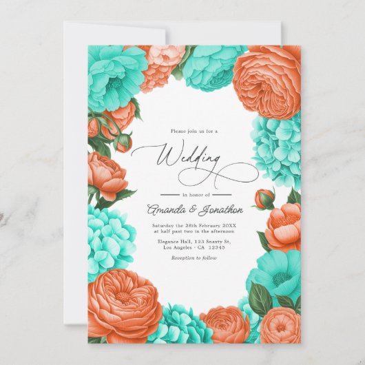Turquoise & Coral Floral Wedding Kaart (Voorkant)