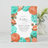 Turquoise & Coral Floral Wedding Kaart (Staand voorkant)