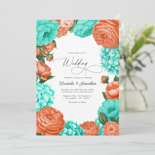 Turquoise & Coral Floral Wedding Kaart (Staand voorkant)