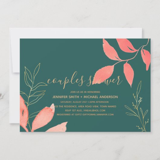 Turquoise Coral Gold COUPLES SHOWER Handgeschreven Kaart (Voorkant)