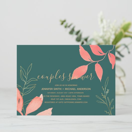 Turquoise Coral Gold COUPLES SHOWER Handgeschreven Kaart (Staand voorkant)