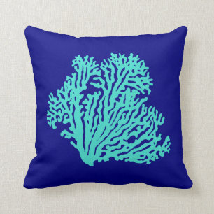 Turquoise Coral on Navy Blue Coastal Decor Kussen