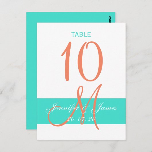 Turquoise Coral Trouwtafel Nummer Briefkaart (Voorkant / Achterkant)