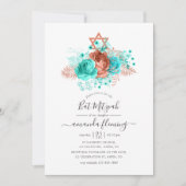 Turquoise & Coral Waterverf Bat Mitzvah Kaart (Voorkant)