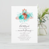 Turquoise & Coral Waterverf Bat Mitzvah Kaart (Staand voorkant)