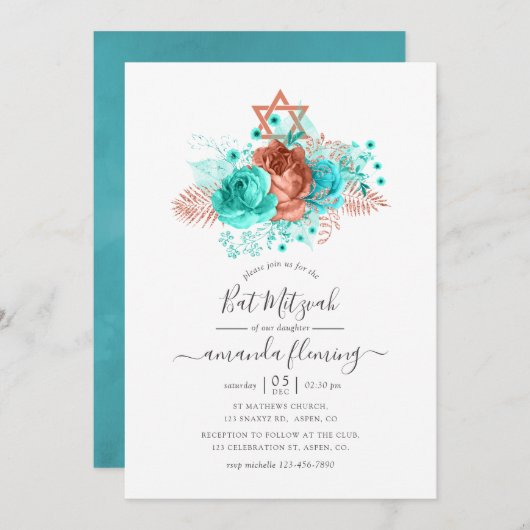 Turquoise & Coral Waterverf Bat Mitzvah Kaart (Voorkant / Achterkant)