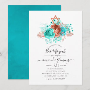 Turquoise & Coral Waterverf Bat Mitzvah Kaart
