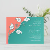 Turquoise, Coral White Leafy Vine Wedding Kaart (Staand voorkant)