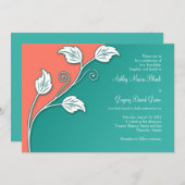 Turquoise, Coral White Leafy Vine Wedding Kaart (Voorkant / Achterkant)