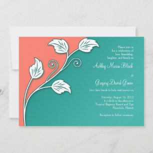 Turquoise, Coral White Leafy Vine Wedding Kaart