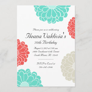 Turquoise Coral Zinnia Flower Birthday Invitation Kaart