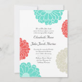 Turquoise & Coral Zinnia Flower Wedding Invitation Kaart (Voorkant)