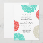 Turquoise & Coral Zinnia Flower Wedding Invitation Kaart (Voorkant / Achterkant)