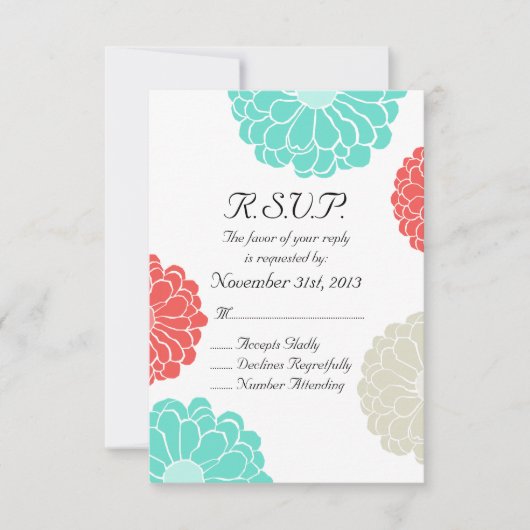 Turquoise Coral Zinnia Flower Wedding RSVP (Voorkant)