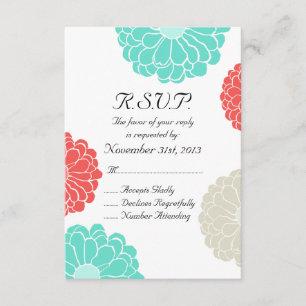 Turquoise Coral Zinnia Flower Wedding RSVP Kaartje