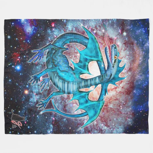 Turquoise Cosmic Dragon Fleece Deken (Voorkant (Horizontaal))