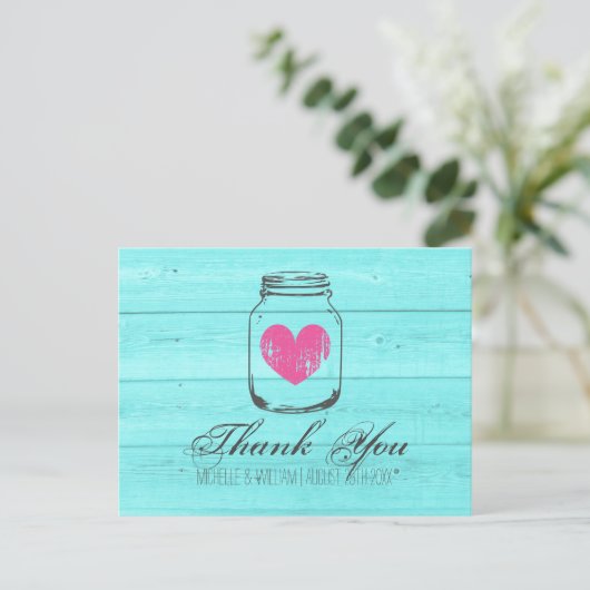 Turquoise country chic mason jar dank je kaarten (Staand voorkant)