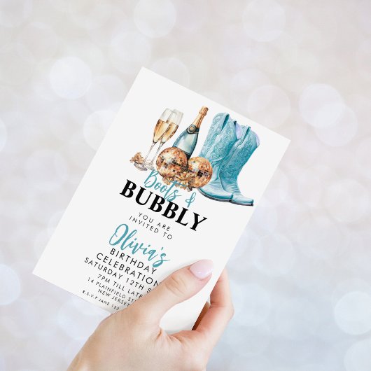Turquoise Cowboy laarzen en Bubble Party uitnodigi Kaart